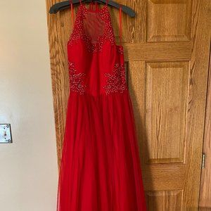 Red Halter Neck A Line Evening Gown